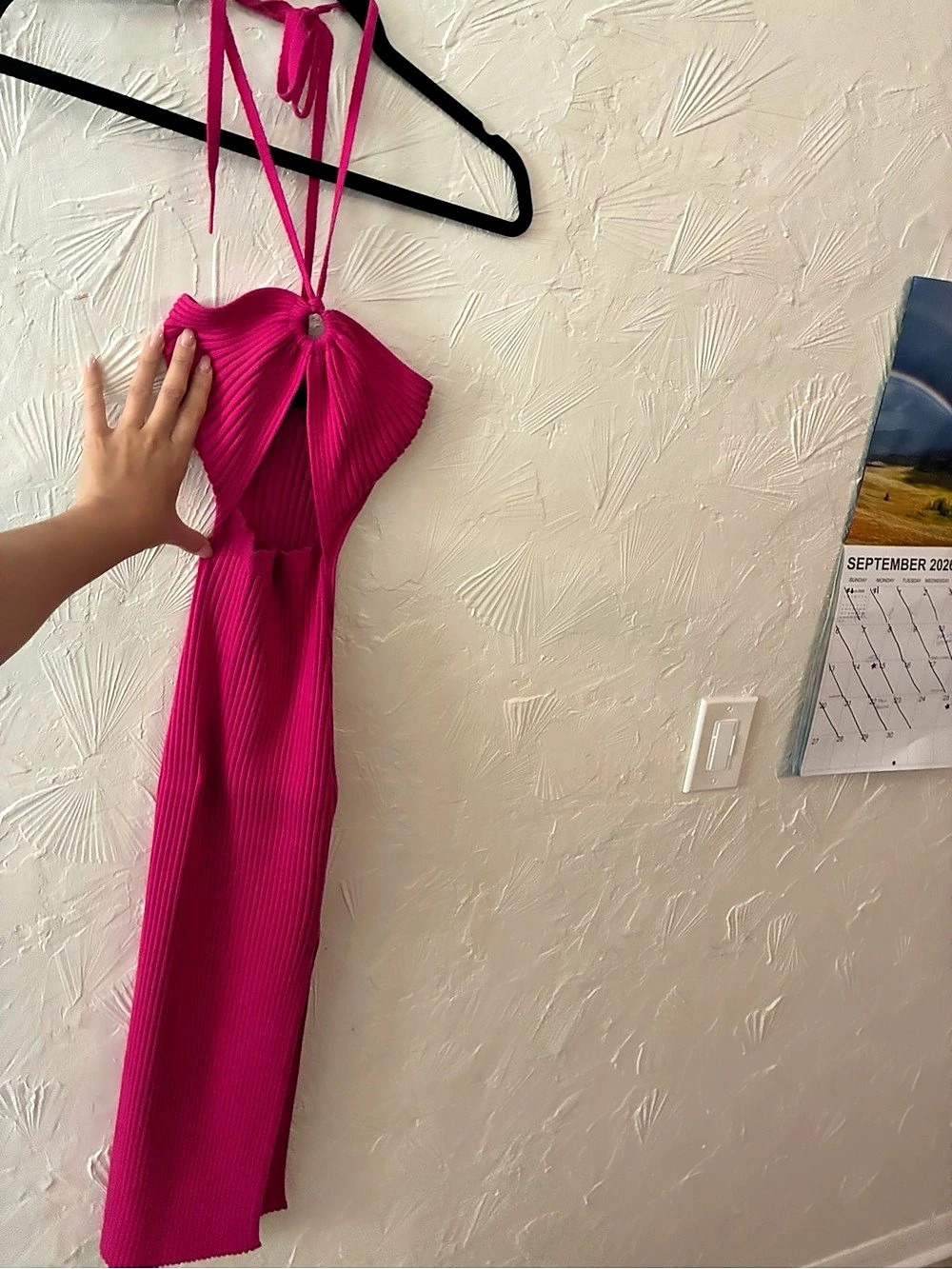 Lulus Leading the Trends Hot Pink Ribbed Knit Cutout Halter Midi Dress